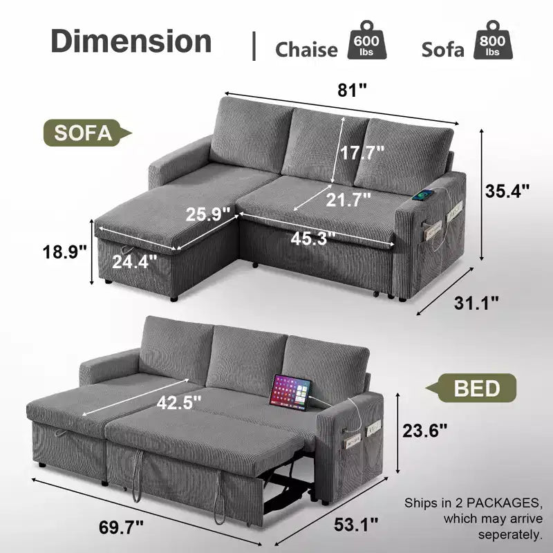 Canapé d'angle en forme de L Dyonery, canapé-lit avec dossier inclinable de 81 po avec lit gigogne, canapé de rangement réversible, assemblage sans outil