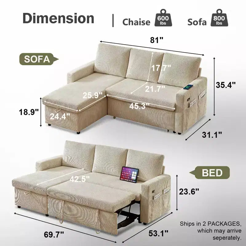 Canapé d'angle en forme de L Dyonery, canapé-lit avec dossier inclinable de 81 po avec lit gigogne, canapé de rangement réversible, assemblage sans outil