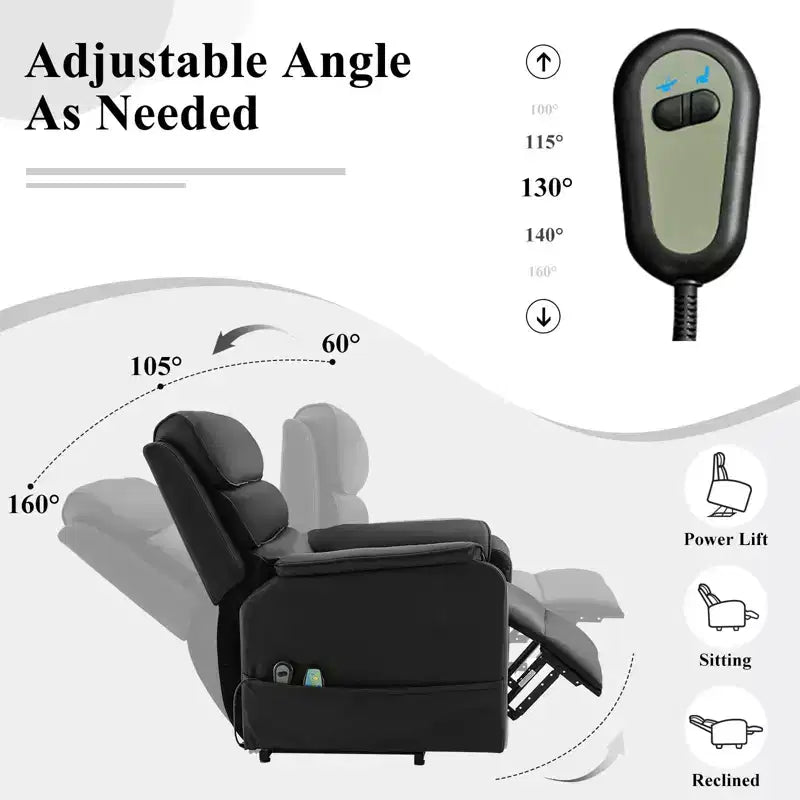 Fauteuil inclinable électrique en cuir PU Power Lift avec 2 poches latérales, fauteuil de massage releveur avec massage à 8 points