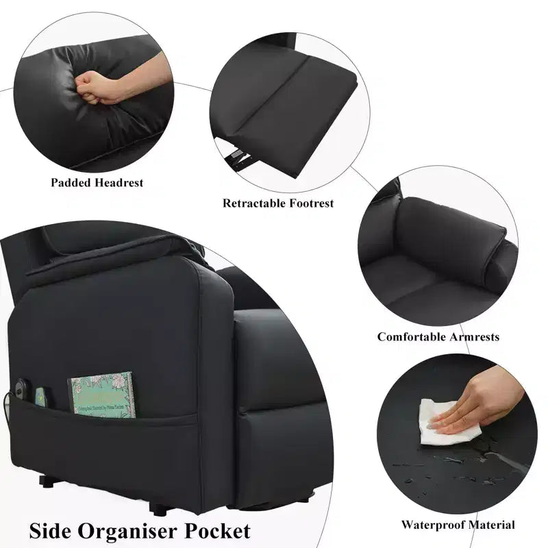Fauteuil inclinable électrique en cuir PU Power Lift avec 2 poches latérales, fauteuil de massage releveur avec massage à 8 points