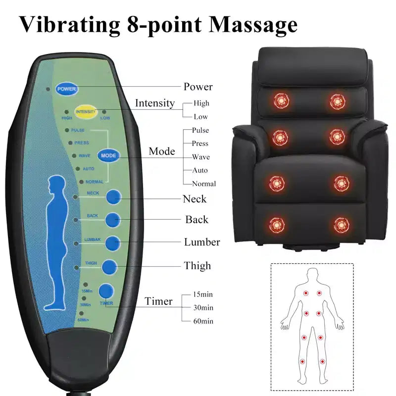 Fauteuil inclinable électrique en cuir PU Power Lift avec 2 poches latérales, fauteuil de massage releveur avec massage à 8 points