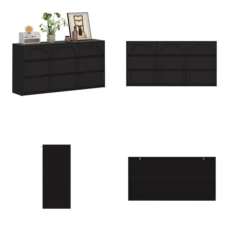 Commode buffet de rangement noire à 9 tiroirs, poignées dissimulées et motif en arc.