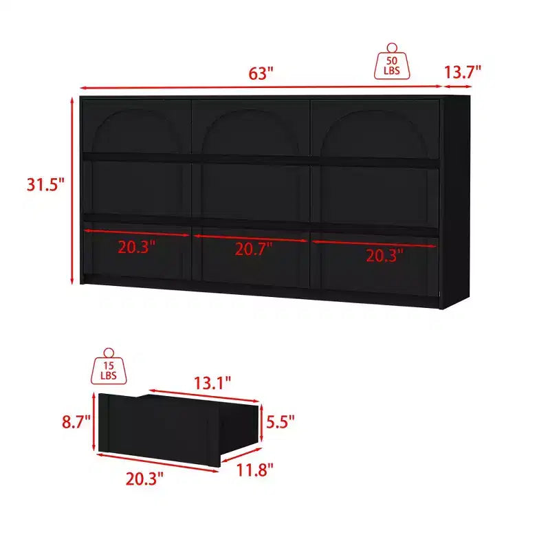 Commode buffet de rangement noire à 9 tiroirs, poignées dissimulées et motif en arc.
