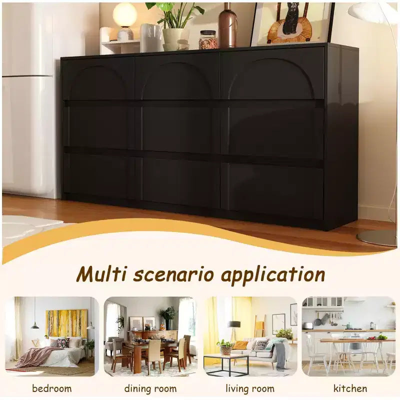 Commode buffet de rangement noire à 9 tiroirs, poignées dissimulées et motif en arc.
