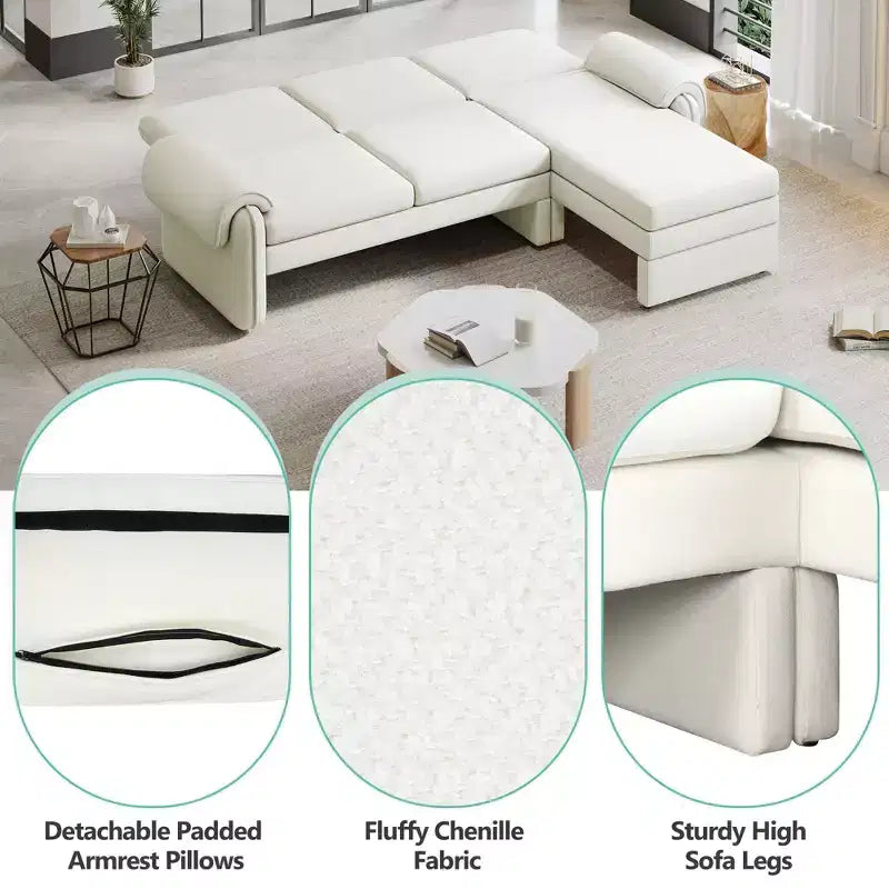 94.1 Canapé convertible futon avec dossier réglable, méridienne réversible et 2 coussins d'accoudoir amovibles pour salon, beige