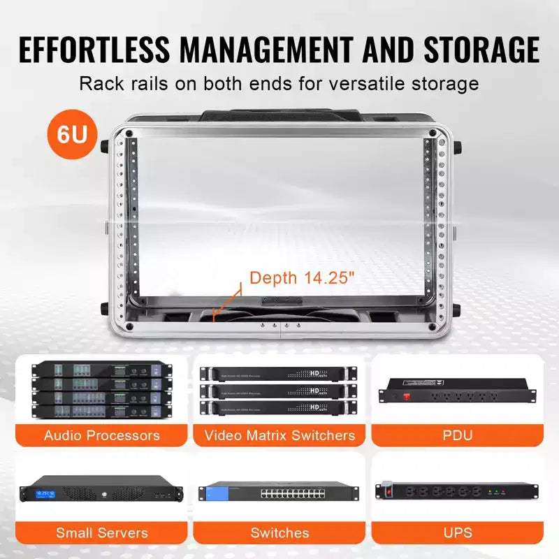 Flight case rack 6U, Profondeur standard de 14 pouces, Armoire rack serveur avec poignées en ABS, Loquets papillon robustes, Noir