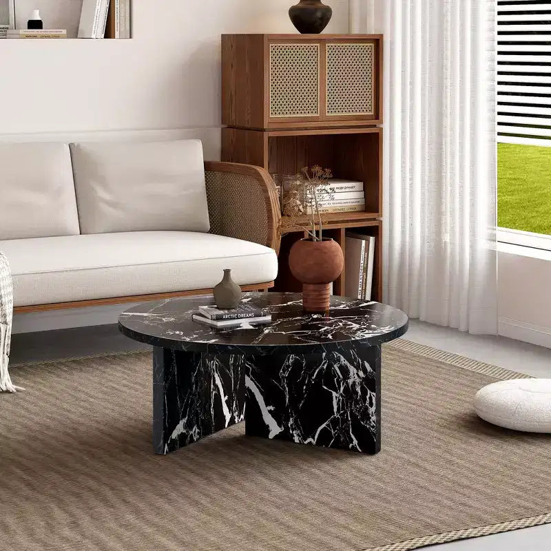 Versatile MDF Black Round Coffee Table for Various Interior Styles, Exhibiting Modern Minimalism and Nordic Charm