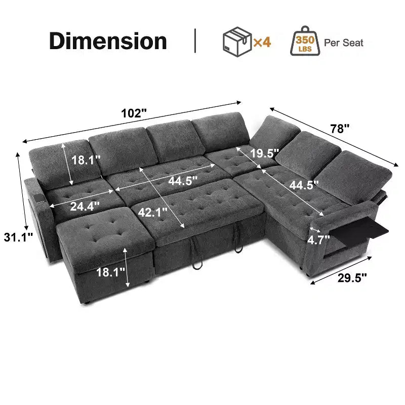 Canapé-lit modulaire sectionnel Dyonery 7 places avec lit gigogne/dossier inclinable/ports USB/siège de rangement, canapé d'angle en forme de L, assemblage sans outils