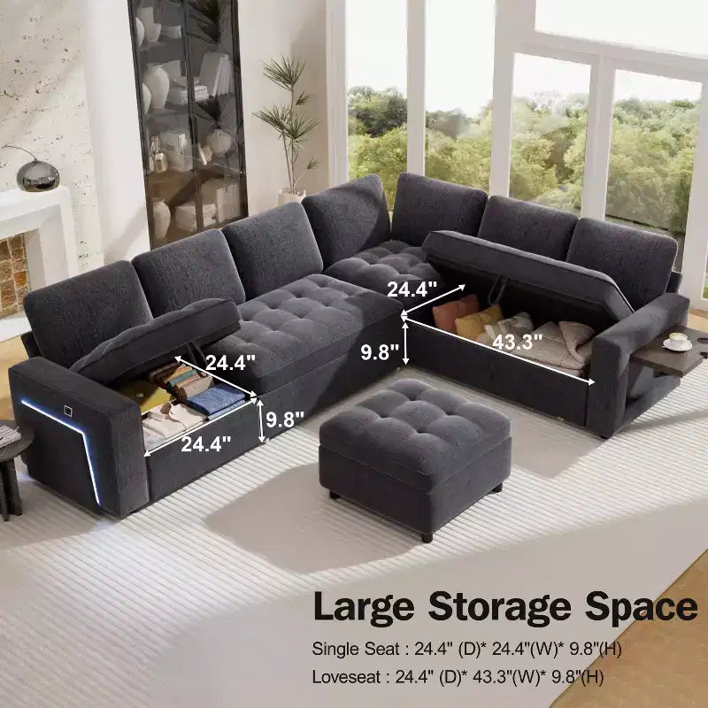 Canapé-lit modulaire sectionnel Dyonery 7 places avec lit gigogne/dossier inclinable/ports USB/siège de rangement, canapé d'angle en forme de L, assemblage sans outils