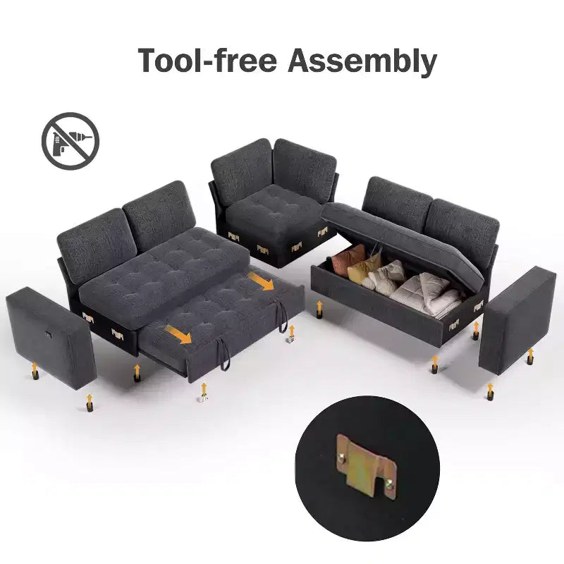 Canapé-lit modulaire sectionnel Dyonery 7 places avec lit gigogne/dossier inclinable/ports USB/siège de rangement, canapé d'angle en forme de L, assemblage sans outils