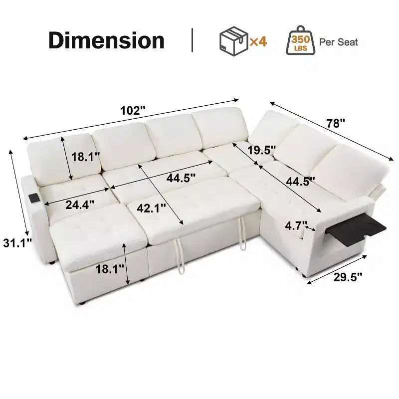 Canapé-lit modulaire sectionnel Dyonery 7 places avec lit gigogne/dossier inclinable/ports USB/siège de rangement, canapé d'angle en forme de L, assemblage sans outils