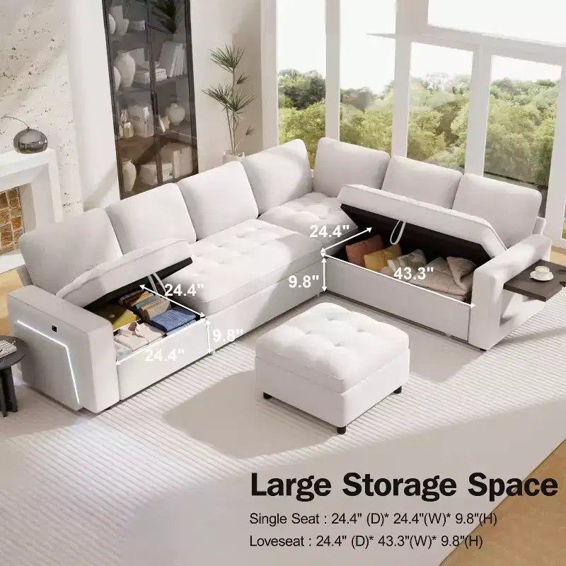 Canapé-lit modulaire sectionnel Dyonery 7 places avec lit gigogne/dossier inclinable/ports USB/siège de rangement, canapé d'angle en forme de L, assemblage sans outils