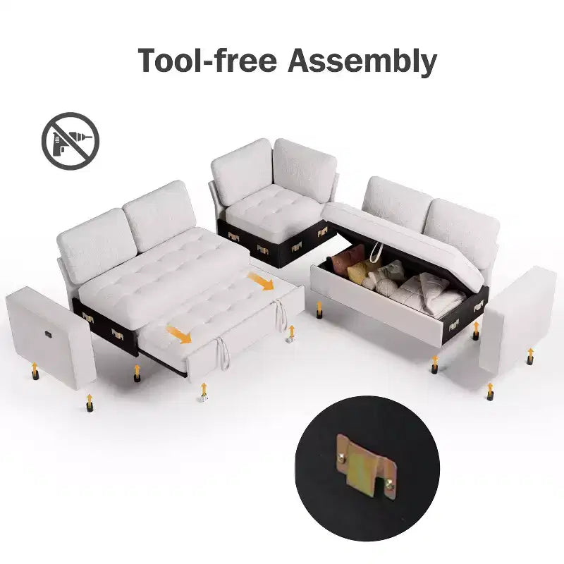 Canapé-lit modulaire sectionnel Dyonery 7 places avec lit gigogne/dossier inclinable/ports USB/siège de rangement, canapé d'angle en forme de L, assemblage sans outils