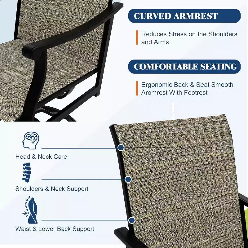 Lot de 2 chaises de salle à manger pivotantes d'extérieur avec dossier en textilène respirant, fauteuils à bascule pivotants de patio pour piscine, pelouse, jardin