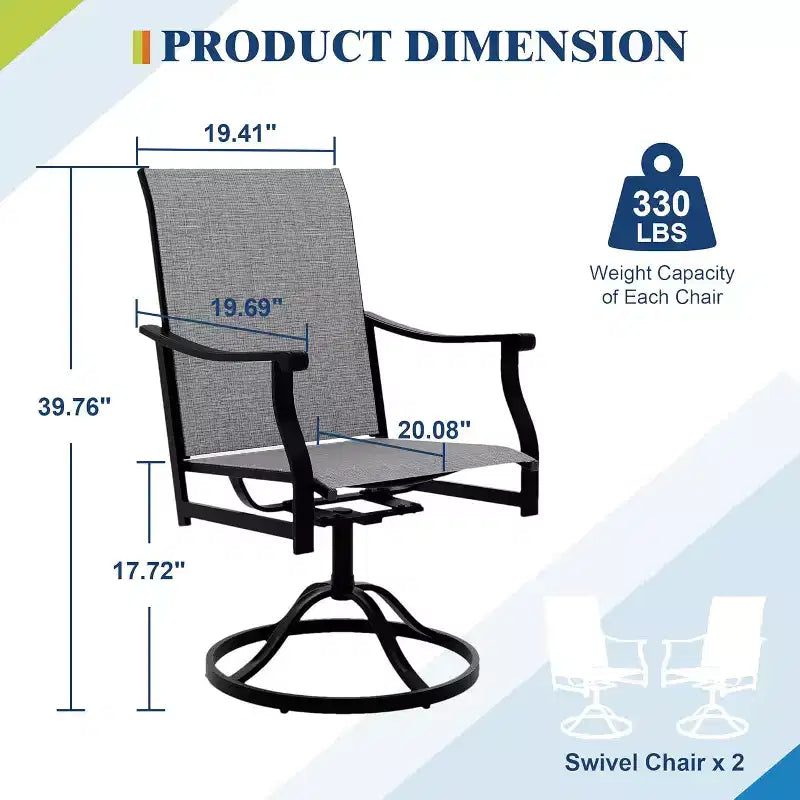 Lot de 2 chaises de salle à manger pivotantes d'extérieur avec dossier en textilène respirant, fauteuils à bascule pivotants de patio pour piscine, pelouse, jardin