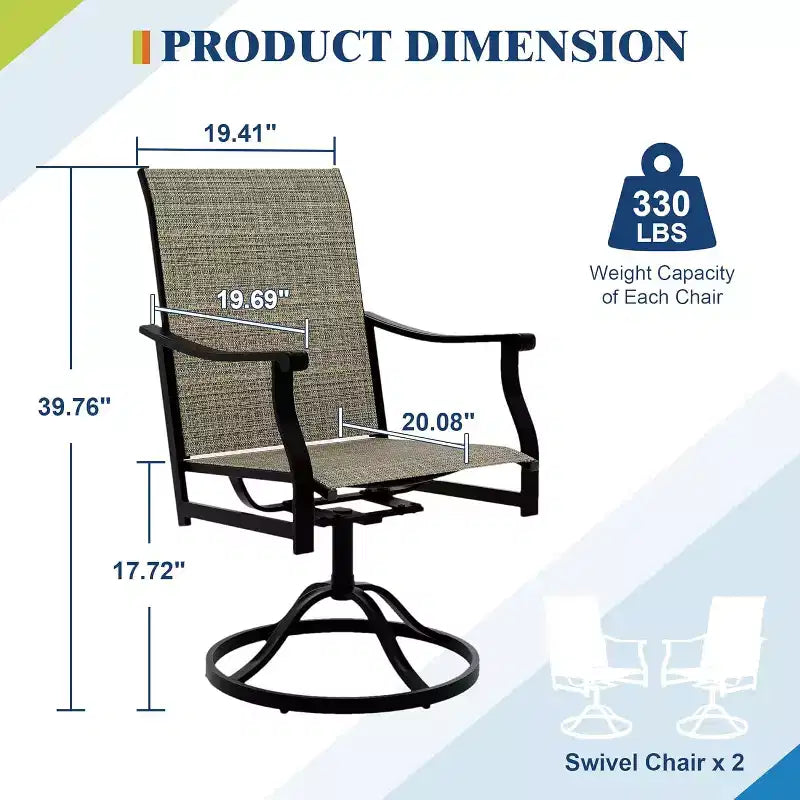 Lot de 2 chaises de salle à manger pivotantes d'extérieur avec dossier en textilène respirant, fauteuils à bascule pivotants de patio pour piscine, pelouse, jardin