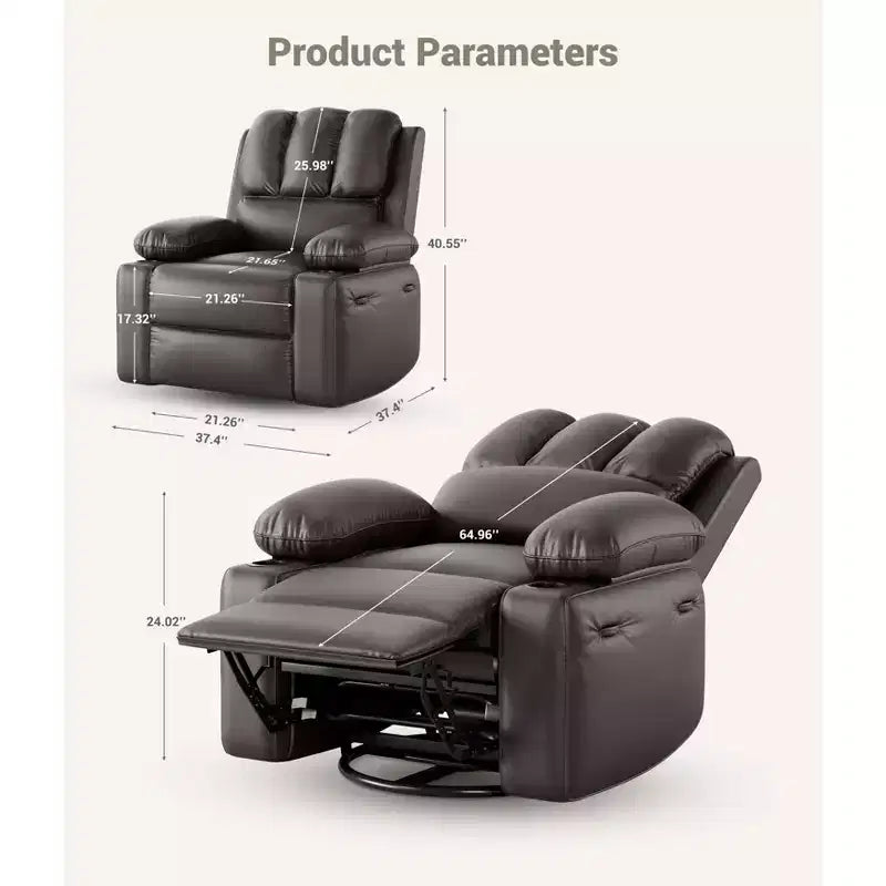 Grand fauteuil inclinable manuel en cuir avec accoudoirs confortables, porte-gobelets intégrés, largeur d'assise de 54 cm, pour la détente et le divertissement dans le salon
