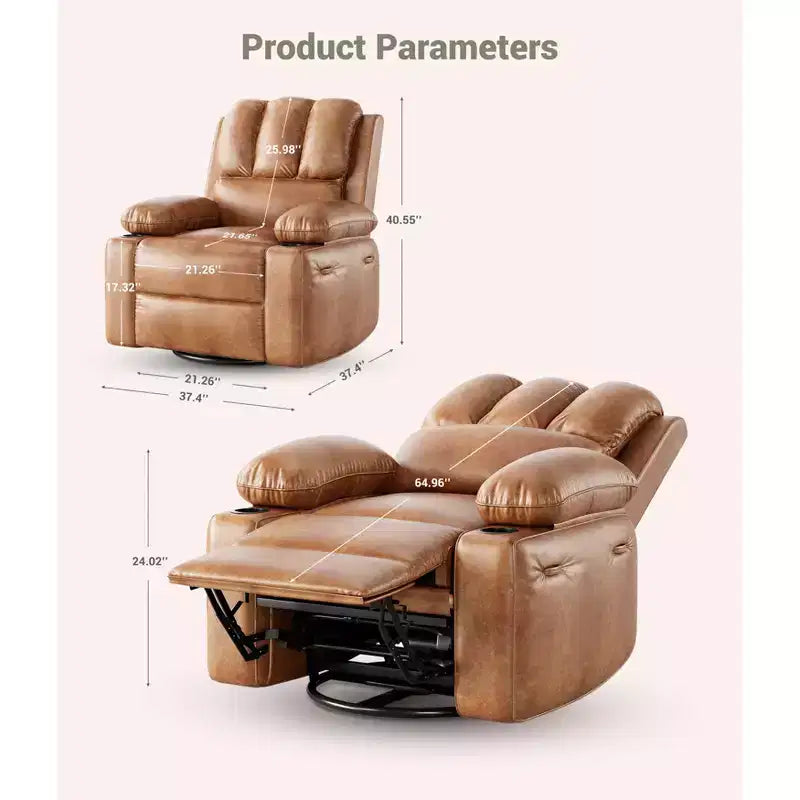 Grand fauteuil inclinable manuel en cuir avec accoudoirs confortables, porte-gobelets intégrés, largeur d'assise de 54 cm, pour la détente et le divertissement dans le salon