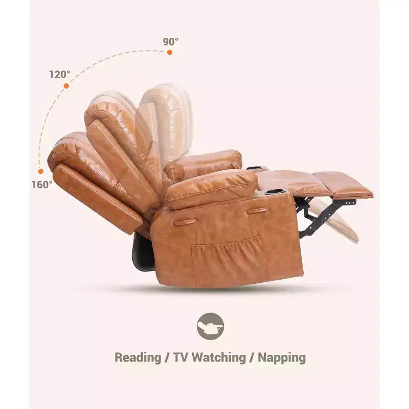 Grand fauteuil inclinable manuel en cuir avec accoudoirs confortables, porte-gobelets intégrés, largeur d'assise de 54 cm, pour la détente et le divertissement dans le salon