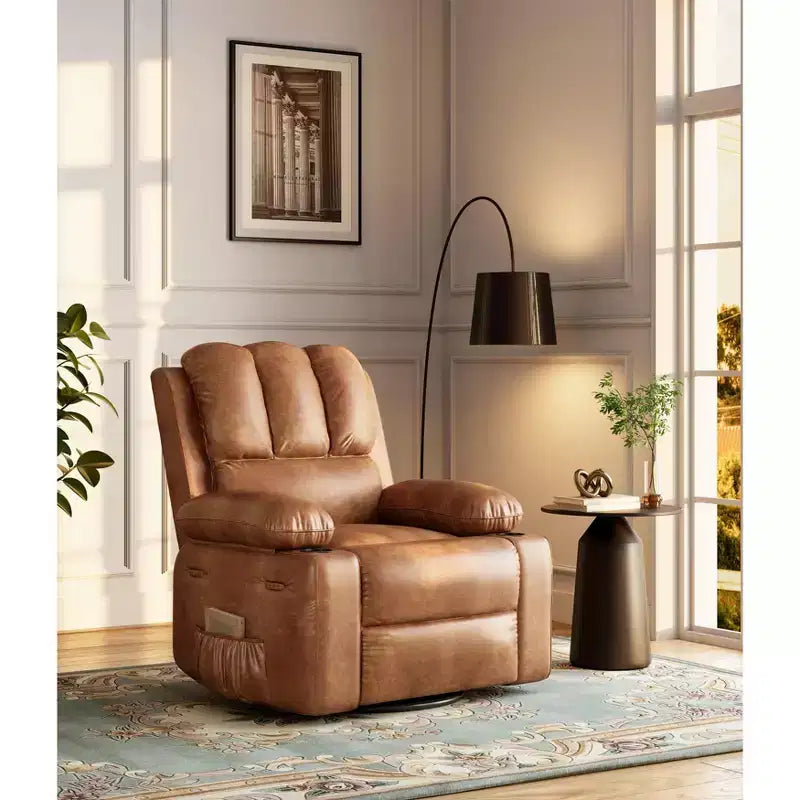 Grand fauteuil inclinable manuel en cuir avec accoudoirs confortables, porte-gobelets intégrés, largeur d'assise de 54 cm, pour la détente et le divertissement dans le salon