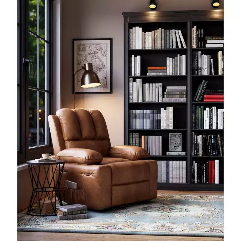 Grand fauteuil inclinable manuel en cuir avec accoudoirs confortables, porte-gobelets intégrés, largeur d'assise de 54 cm, pour la détente et le divertissement dans le salon
