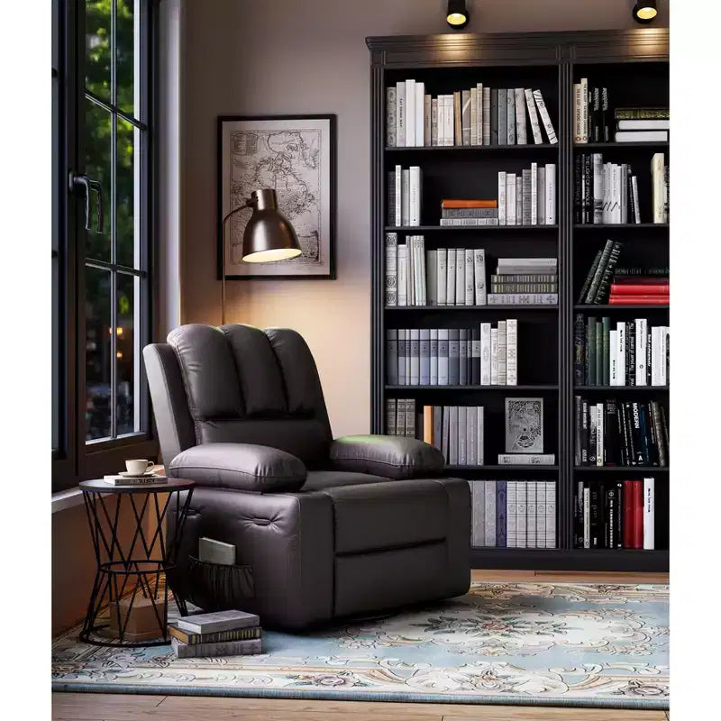 Grand fauteuil inclinable manuel en cuir avec accoudoirs confortables, porte-gobelets intégrés, largeur d'assise de 54 cm, pour la détente et le divertissement dans le salon
