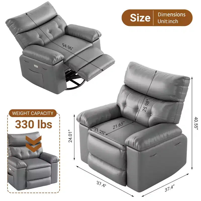 Fauteuil inclinable pour adultes, fauteuil inclinable électrique en cuir PU, pivotant à 270 degrés avec poche latérale, canapé de massage moderne pour salon ou chambre à coucher