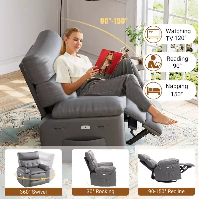 Fauteuil inclinable pour adultes, fauteuil inclinable électrique en cuir PU, pivotant à 270 degrés avec poche latérale, canapé de massage moderne pour salon ou chambre à coucher