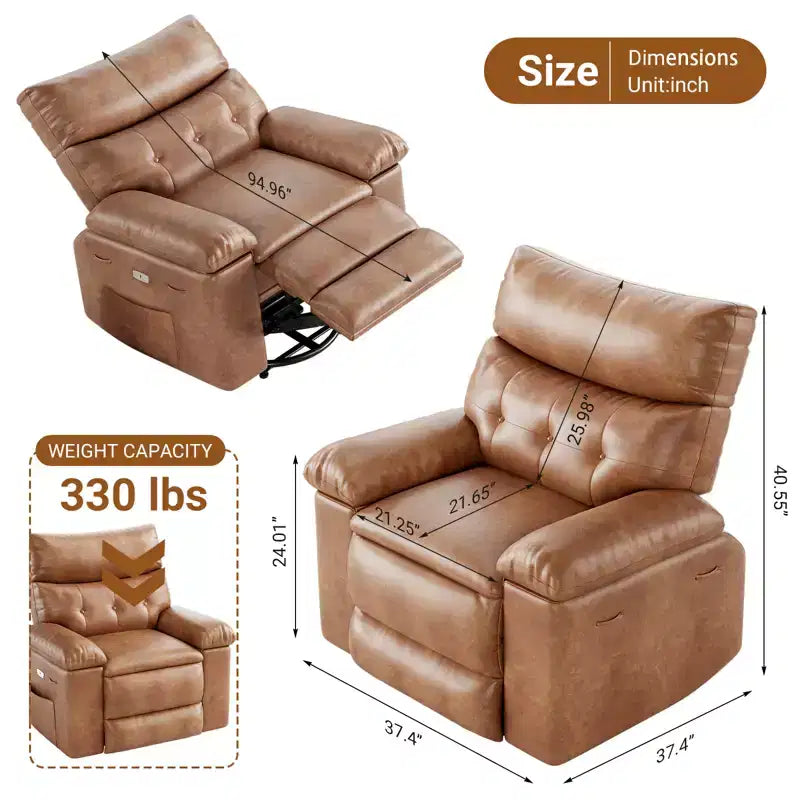 Fauteuil inclinable pour adultes, fauteuil inclinable électrique en cuir PU, pivotant à 270 degrés avec poche latérale, canapé de massage moderne pour salon ou chambre à coucher