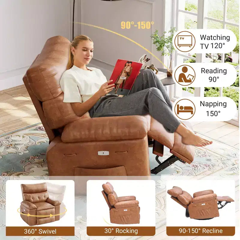 Fauteuil inclinable pour adultes, fauteuil inclinable électrique en cuir PU, pivotant à 270 degrés avec poche latérale, canapé de massage moderne pour salon ou chambre à coucher