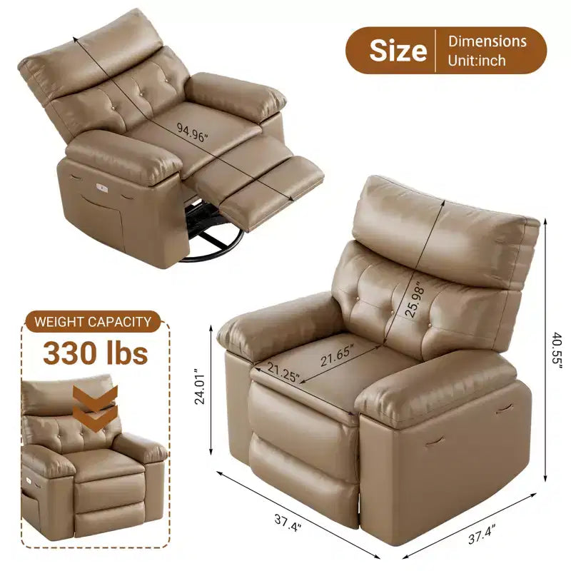 Fauteuil inclinable pour adultes, fauteuil inclinable électrique en cuir PU, pivotant à 270 degrés avec poche latérale, canapé de massage moderne pour salon ou chambre à coucher