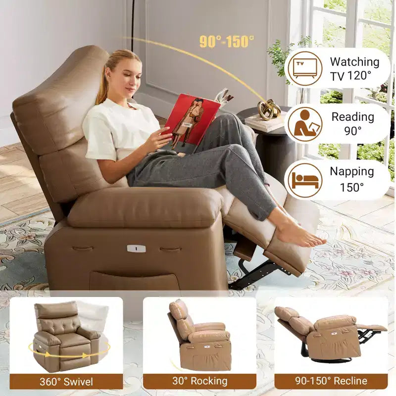 Fauteuil inclinable pour adultes, fauteuil inclinable électrique en cuir PU, pivotant à 270 degrés avec poche latérale, canapé de massage moderne pour salon ou chambre à coucher