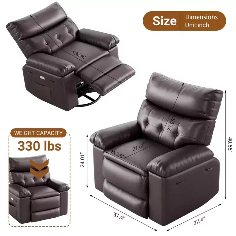 Fauteuil inclinable pour adultes, fauteuil inclinable électrique en cuir PU, pivotant à 270 degrés avec poche latérale, canapé de massage moderne pour salon ou chambre à coucher