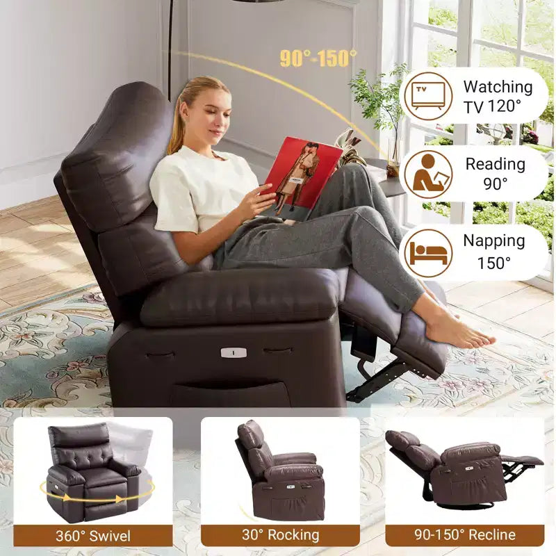 Fauteuil inclinable pour adultes, fauteuil inclinable électrique en cuir PU, pivotant à 270 degrés avec poche latérale, canapé de massage moderne pour salon ou chambre à coucher