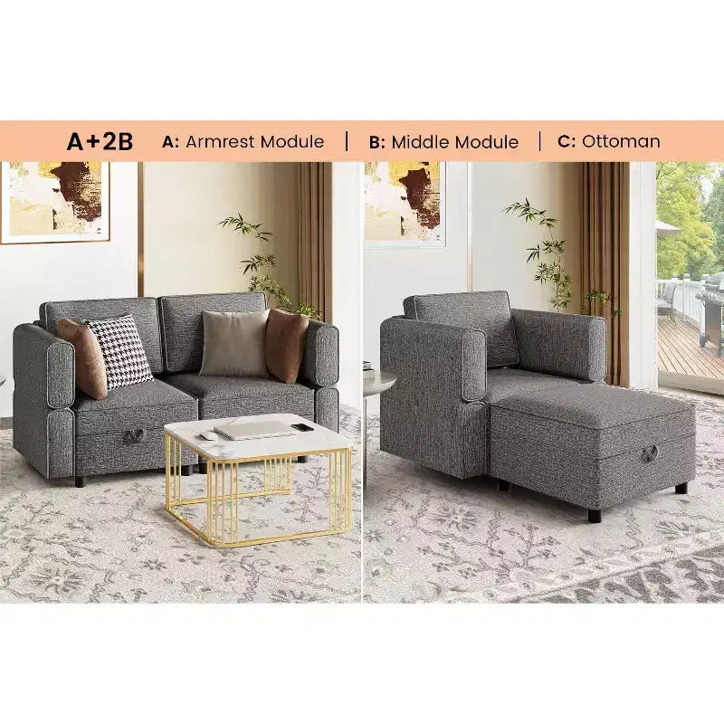 Canapé d'angle avec pouf de rangement - Canapé modulaire en L réglable pour salon (tissu chenille)