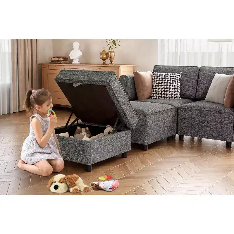 Canapé d'angle avec pouf de rangement - Canapé modulaire en L réglable pour salon (tissu chenille)