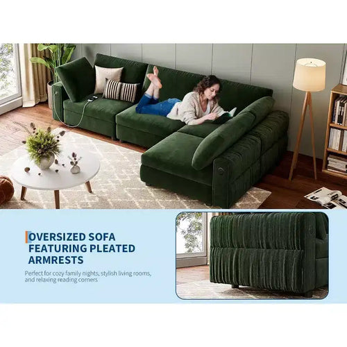 Canapé d'angle modulable 105 - Canapé en velours en forme de L avec port de chargement USB (Vert Émeraude)