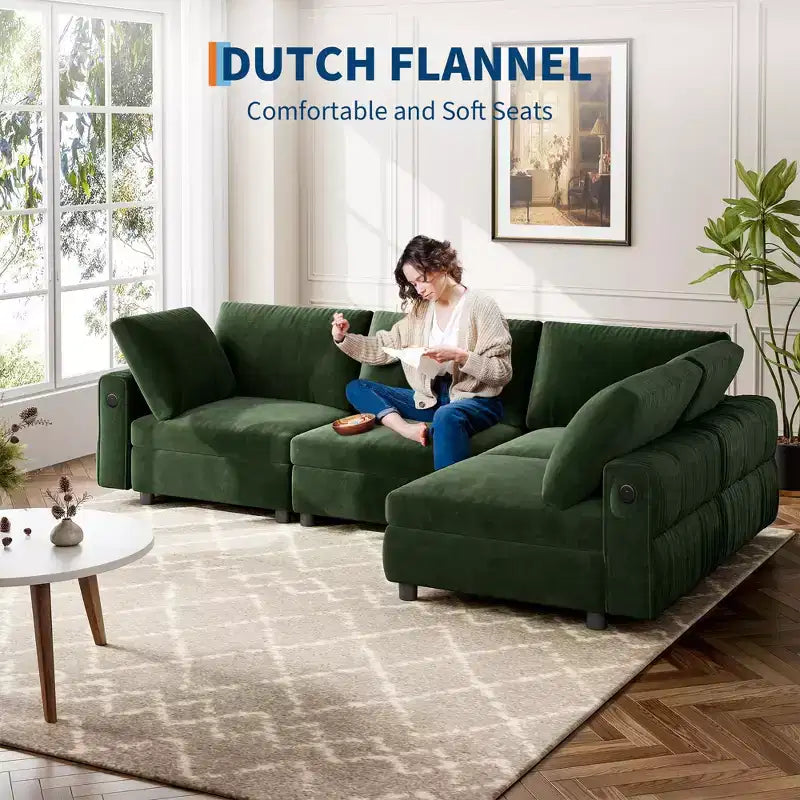 Canapé d'angle modulable 105 - Canapé en velours en forme de L avec port de chargement USB (Vert Émeraude)