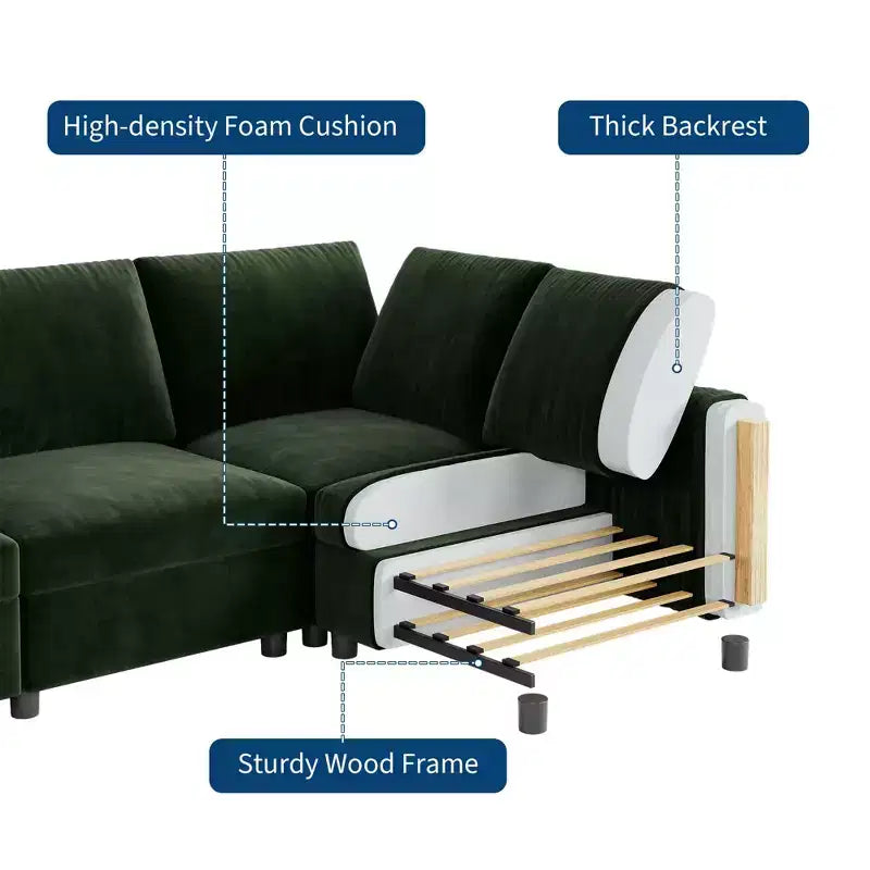 Canapé d'angle modulable 105 - Canapé en velours en forme de L avec port de chargement USB (Vert Émeraude)