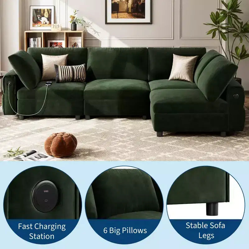 Canapé d'angle modulable 105 - Canapé en velours en forme de L avec port de chargement USB (Vert Émeraude)