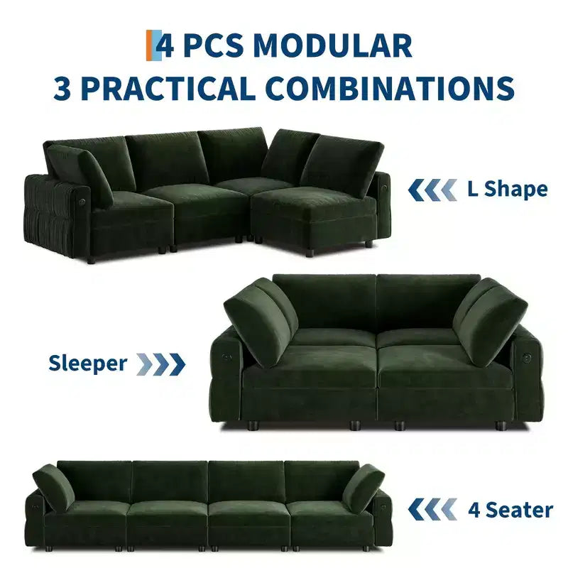 Canapé d'angle modulable 105 - Canapé en velours en forme de L avec port de chargement USB (Vert Émeraude)