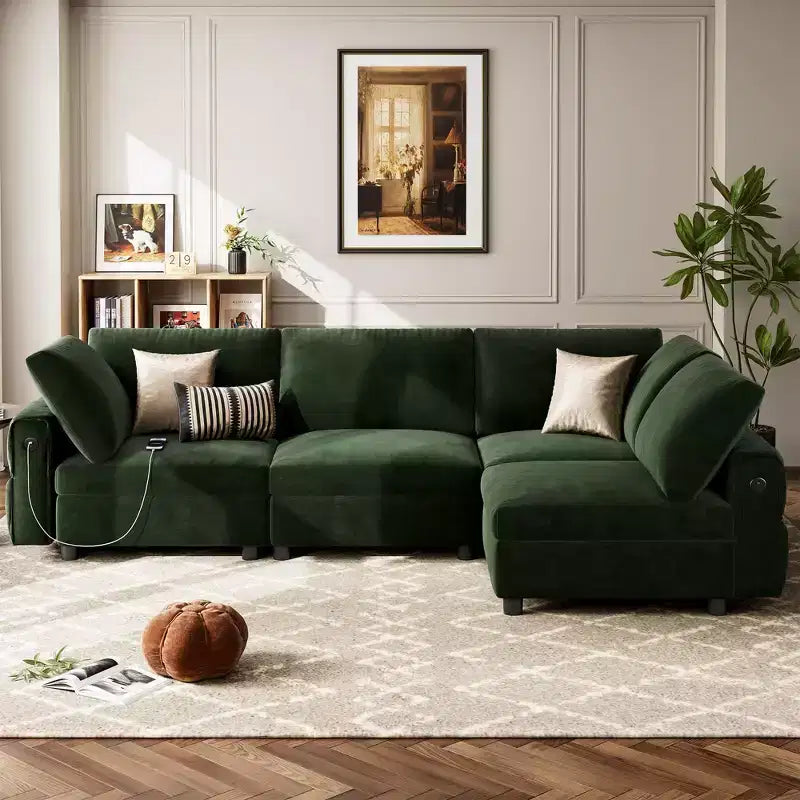 Canapé d'angle modulable 105 - Canapé en velours en forme de L avec port de chargement USB (Vert Émeraude)