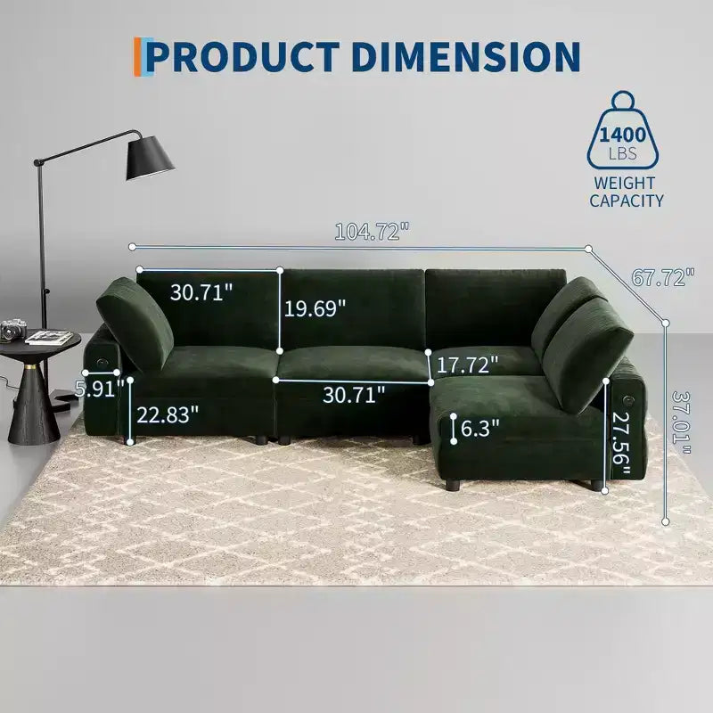Canapé d'angle modulable 105 - Canapé en velours en forme de L avec port de chargement USB (Vert Émeraude)