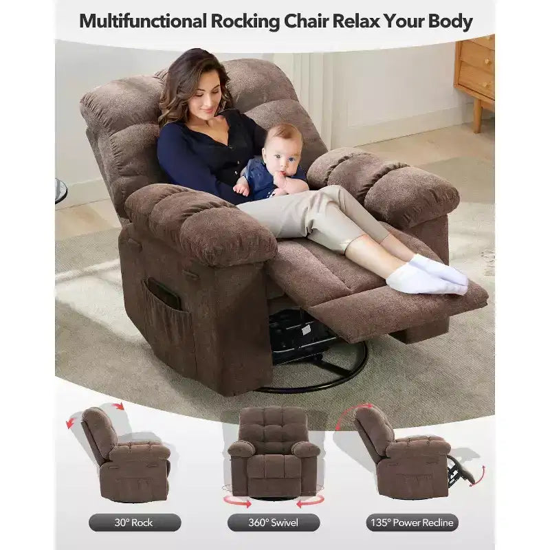 Fauteuil Inclinable à Bascule Acekool, Fauteuil Coulissant Rembourré Pivotant avec Assise Profonde et Poches Latérales pour Salon ou Chambre à Coucher