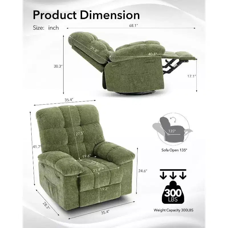 Fauteuil Inclinable à Bascule Acekool, Fauteuil Coulissant Rembourré Pivotant avec Assise Profonde et Poches Latérales pour Salon ou Chambre à Coucher