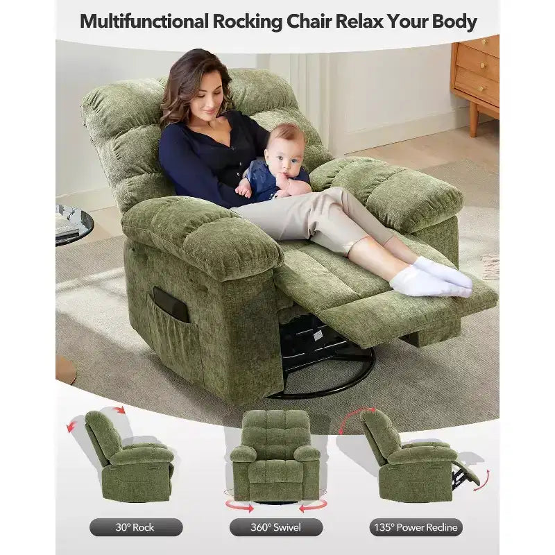 Fauteuil Inclinable à Bascule Acekool, Fauteuil Coulissant Rembourré Pivotant avec Assise Profonde et Poches Latérales pour Salon ou Chambre à Coucher