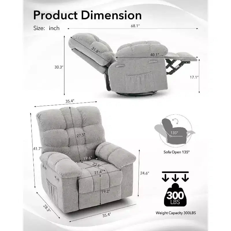 Fauteuil Inclinable à Bascule Acekool, Fauteuil Coulissant Rembourré Pivotant avec Assise Profonde et Poches Latérales pour Salon ou Chambre à Coucher