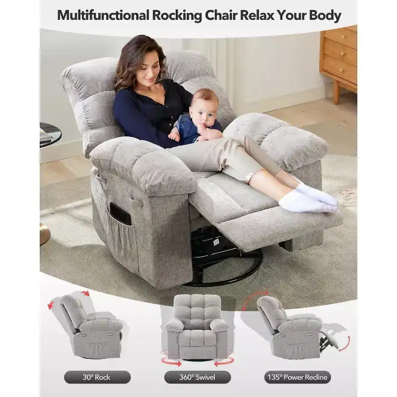 Fauteuil Inclinable à Bascule Acekool, Fauteuil Coulissant Rembourré Pivotant avec Assise Profonde et Poches Latérales pour Salon ou Chambre à Coucher