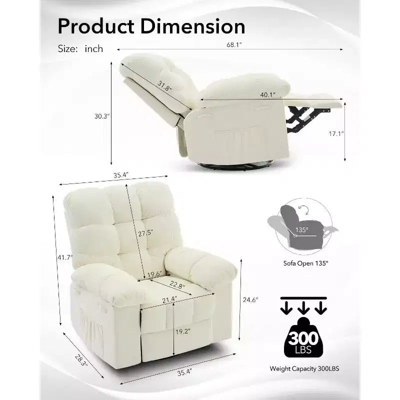 Fauteuil Inclinable à Bascule Acekool, Fauteuil Coulissant Rembourré Pivotant avec Assise Profonde et Poches Latérales pour Salon ou Chambre à Coucher