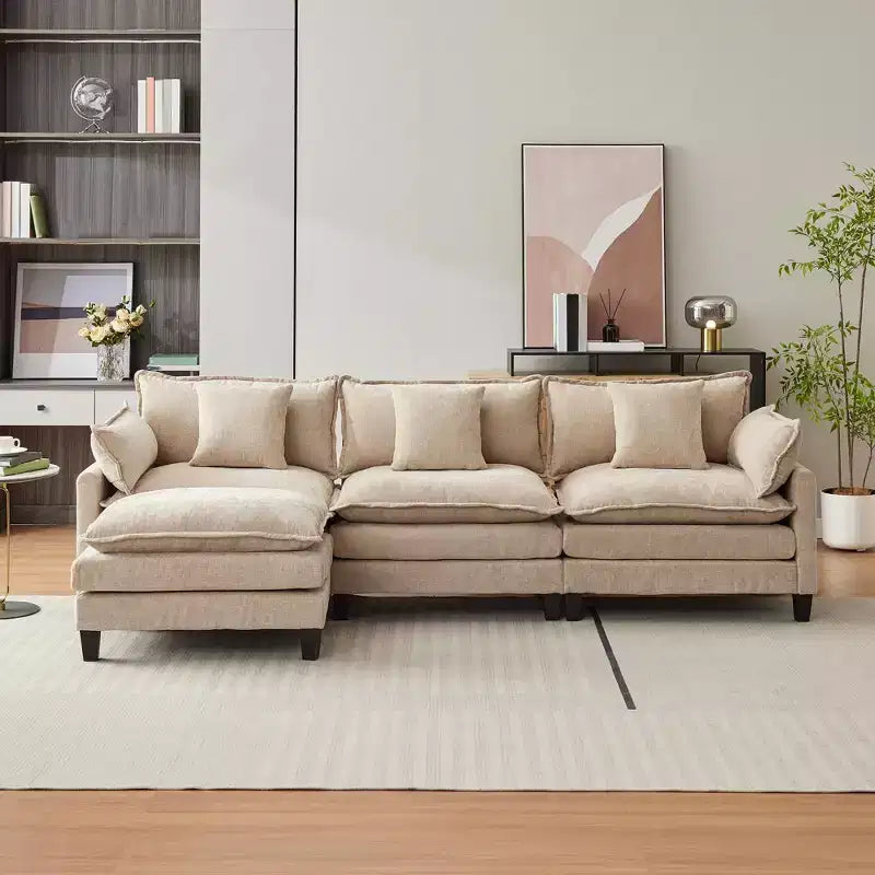 Canapé modulable en forme de U de 284 cm, canapé modulaire avec pouf mobile, canapé en chenille 3 places avec assise profonde, beige